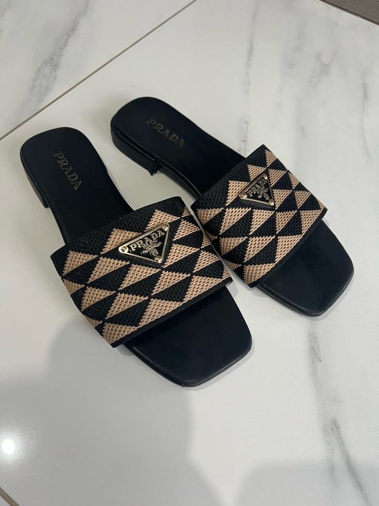 Prada Shoes - Prada Triangle Jacquard Beige/Black Slippers